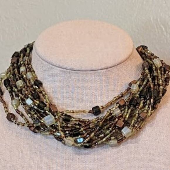 Green and Brown Multi-strand Choker Necklace - Picture 4 of 7